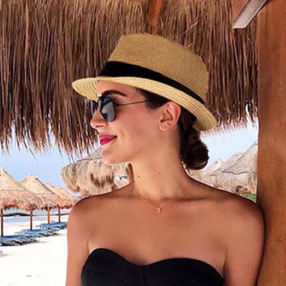 Narrow Brim Natural and Black Straw Fedora Style Hat - Picture 2 of 4
